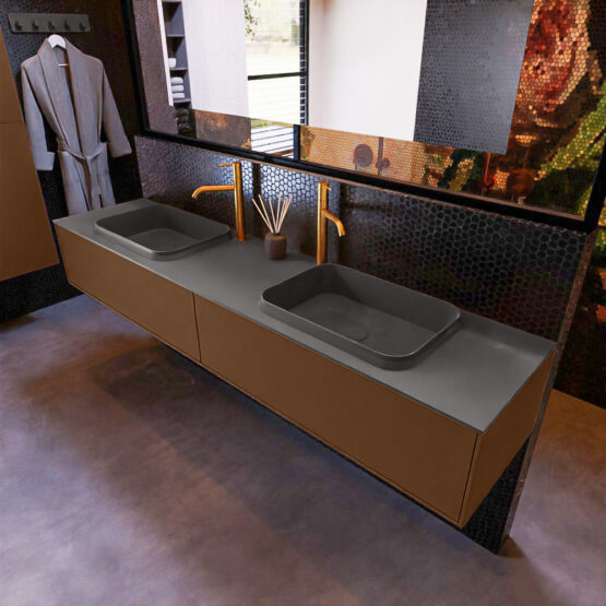 MONDIAZ ERIN 200cm mueble de baño color Rust 2 cajones. Lavabo RIDGE Doble 2 orificios color Dark Grey.