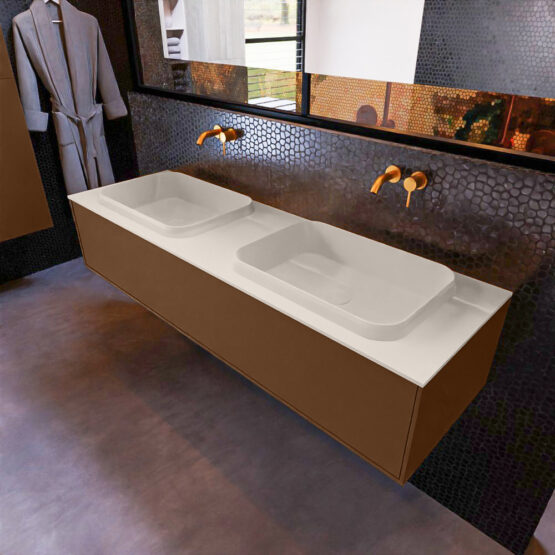 MONDIAZ ERIN 150cm mueble de baño color Rust 1 cajón. Lavabo RIDGE Doble sin orificio color Linen.
