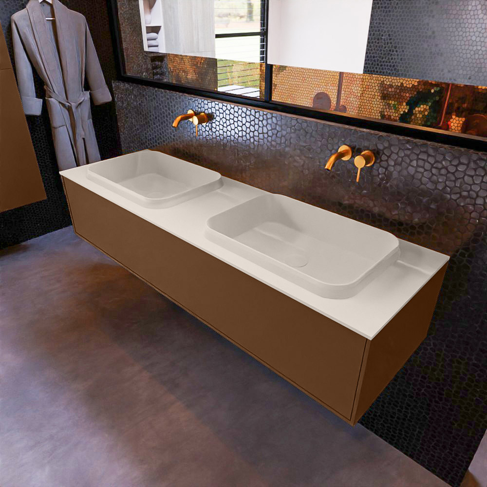 MONDIAZ ERIN 150cm mueble de baño color Rust 1 cajón. Lavabo RIDGE Doble sin orificio color Linen. 1 MONDIAZ ERIN 150cm mueble de baño color Rust 1 cajón. Lavabo RIDGE Doble sin orificio color Linen.