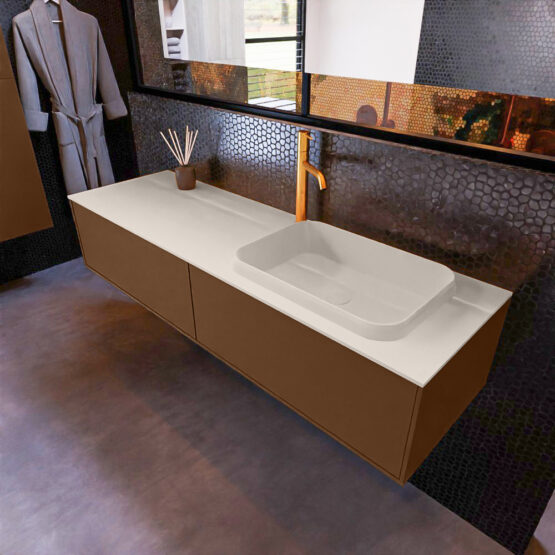 MONDIAZ ERIN 150cm mueble de baño color Rust 2 cajones. Lavabo RIDGE Derecho 1 orificio color Linen.