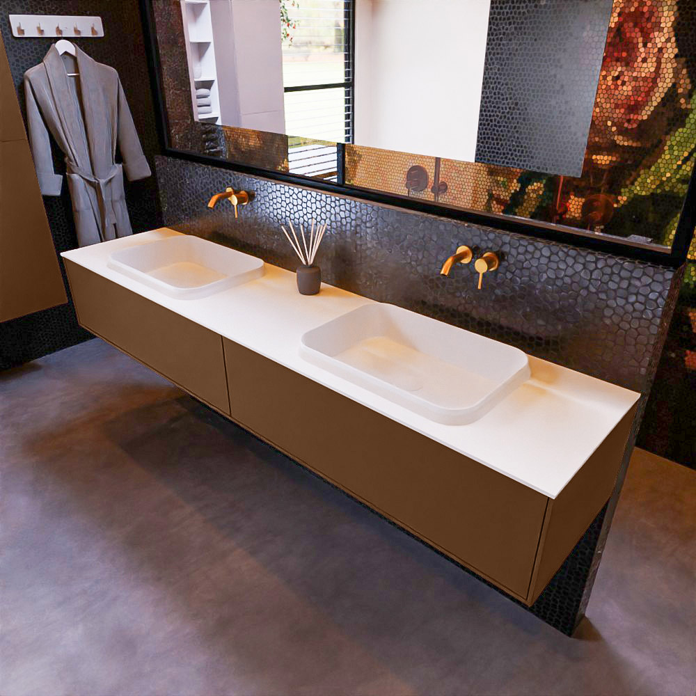 MONDIAZ ERIN 200cm mueble de baño color Rust 2 cajones. Lavabo RIDGE Doble sin orificio color Talc. 1 MONDIAZ ERIN 200cm mueble de baño color Rust 2 cajones. Lavabo RIDGE Doble sin orificio color Talc.