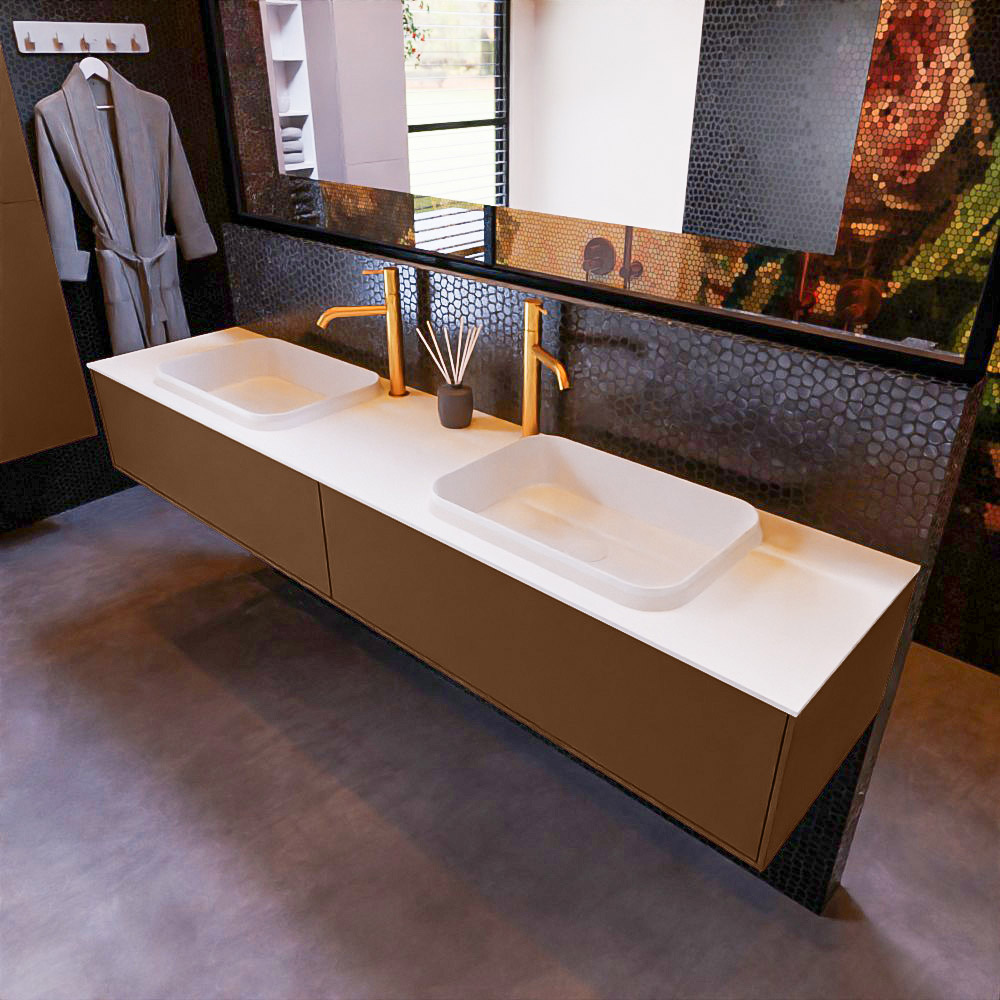 MONDIAZ ERIN 200cm mueble de baño color Rust 2 cajones. Lavabo RIDGE Doble 2 orificios color Talc. 1 MONDIAZ ERIN 200cm mueble de baño color Rust 2 cajones. Lavabo RIDGE Doble 2 orificios color Talc.