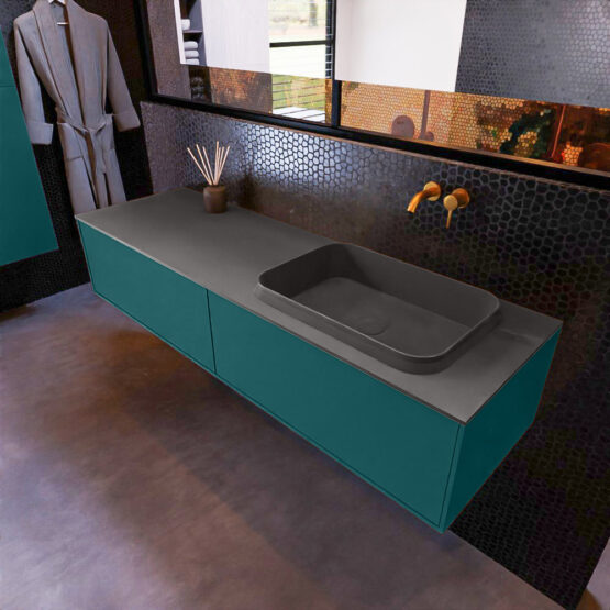 MONDIAZ ERIN 150cm mueble de baño color Smag 2 cajones. Lavabo RIDGE Derecho sin orificio color Dark Grey.