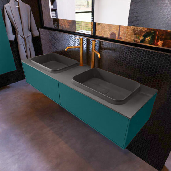 MONDIAZ ERIN 150cm mueble de baño color Smag 2 cajones. Lavabo RIDGE Doble 2 orificios color Dark Grey.