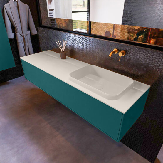 MONDIAZ ERIN 150cm mueble de baño color Smag 1 cajón. Lavabo RIDGE Derecho sin orificio color Linen.