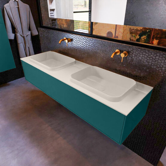 MONDIAZ ERIN 150cm mueble de baño color Smag 1 cajón. Lavabo RIDGE Doble sin orificio color Linen.