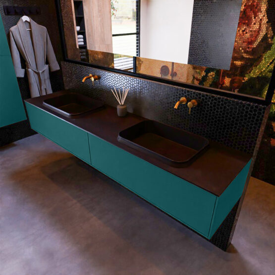 MONDIAZ ERIN 200cm mueble de baño color Smag 2 cajones. Lavabo RIDGE Doble sin orificio color Urban.