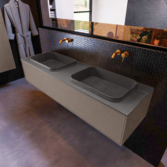 MONDIAZ ERIN 150cm mueble de baño color Smoke 1 cajón. Lavabo RIDGE Doble sin orificio color Dark Grey.