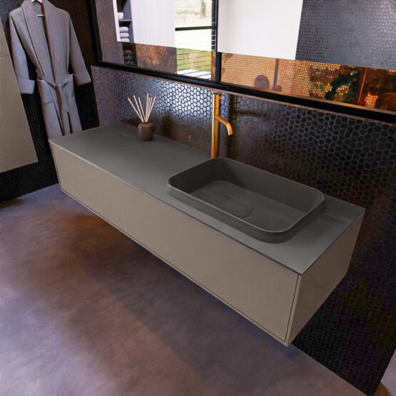MONDIAZ ERIN 150cm mueble de baño color Smoke 1 cajón. Lavabo RIDGE Derecho 1 orificio color Dark Grey.