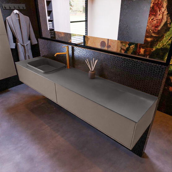 MONDIAZ ERIN 200cm mueble de baño color Smoke 2 cajones. Lavabo RIDGE Izquierda 1 orificio color Dark Grey.