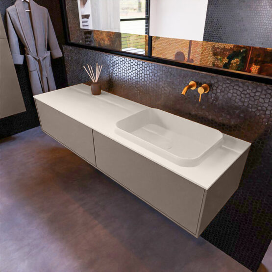MONDIAZ ERIN 150cm mueble de baño color Smoke 2 cajones. Lavabo RIDGE Derecho sin orificio color Linen.