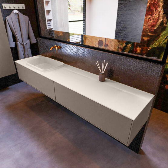 MONDIAZ ERIN 200cm mueble de baño color Smoke 2 cajones. Lavabo RIDGE Izquierda sin orificio color Linen.