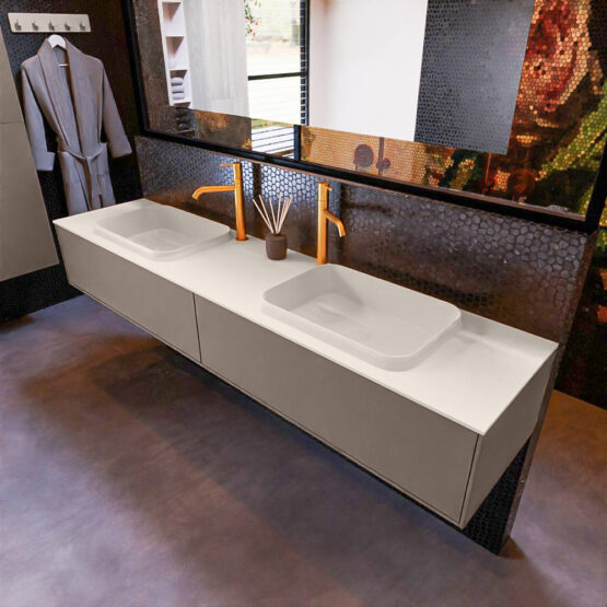 MONDIAZ ERIN 200cm mueble de baño color Smoke 2 cajones. Lavabo RIDGE Doble 2 orificios color Linen.