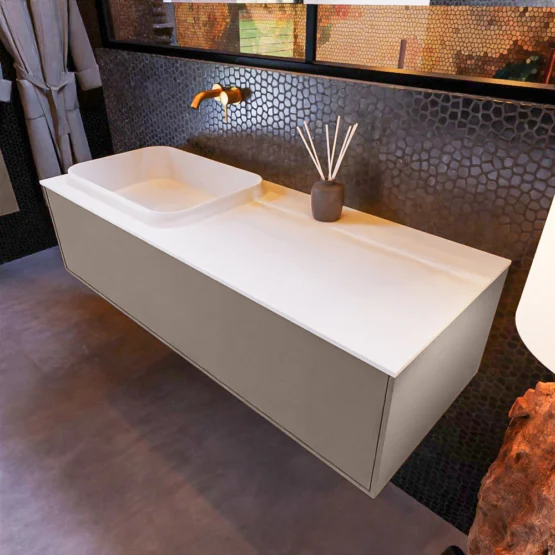 MONDIAZ ERIN 120cm mueble de baño color Smoke 1 cajón. Lavabo RIDGE Izquierda sin orificio color Talc.