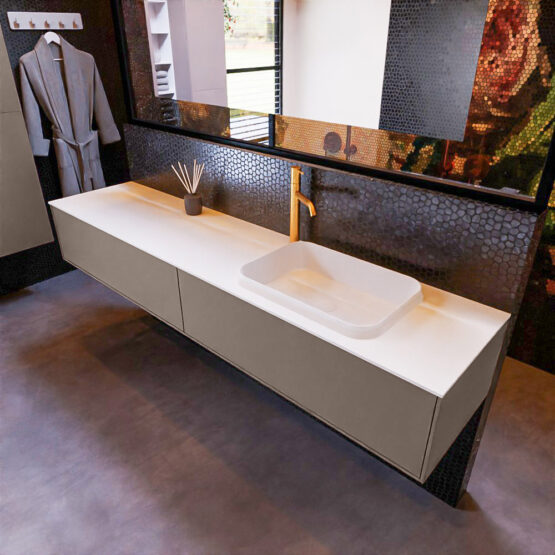 MONDIAZ ERIN 200cm mueble de baño color Smoke 2 cajones. Lavabo RIDGE Derecho 1 orificio color Talc.