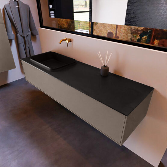 MONDIAZ ERIN 150cm mueble de baño color Smoke 1 cajón. Lavabo RIDGE Izquierda sin orificio color Urban.