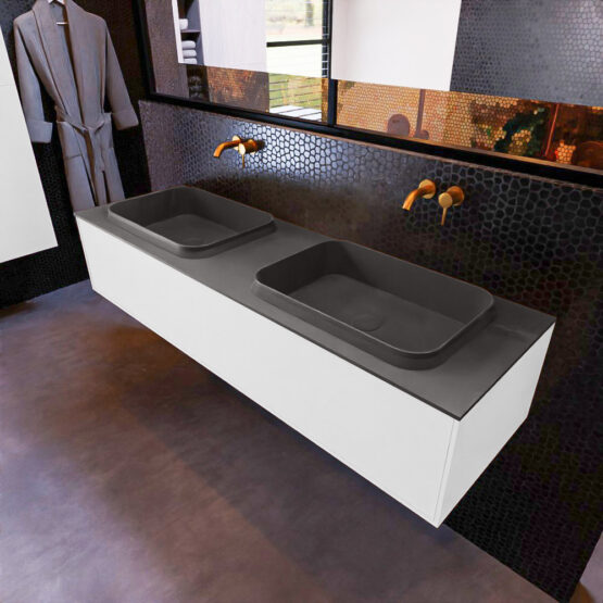MONDIAZ ERIN 150cm mueble de baño color Talc 1 cajón. Lavabo RIDGE Doble sin orificio color Dark Grey.