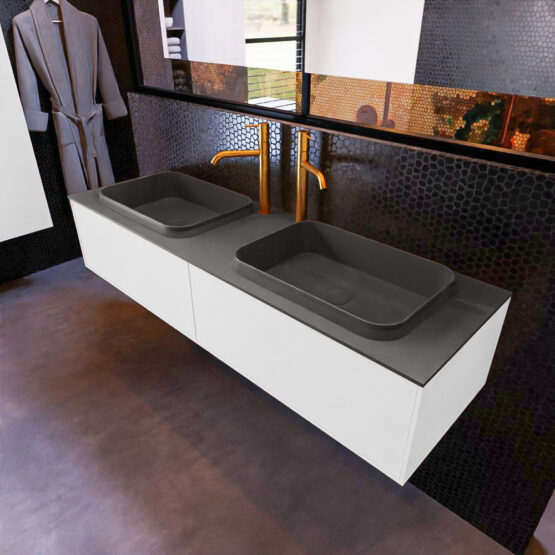 MONDIAZ ERIN 150cm mueble de baño color Talc 2 cajones. Lavabo RIDGE Doble 2 orificios color Dark Grey.