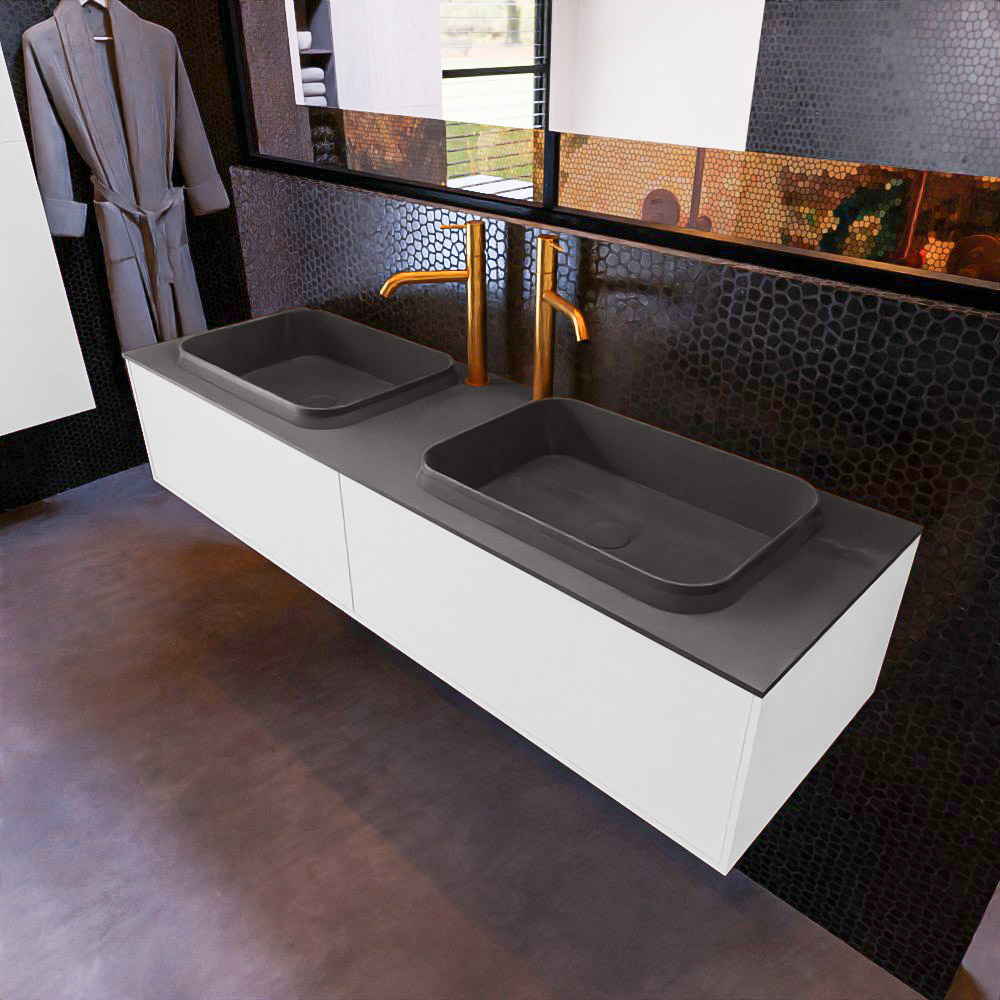 MONDIAZ ERIN 150cm mueble de baño color Talc 2 cajones. Lavabo RIDGE Doble 2 orificios color Dark Grey. 1 MONDIAZ ERIN 150cm mueble de baño color Talc 2 cajones. Lavabo RIDGE Doble 2 orificios color Dark Grey.