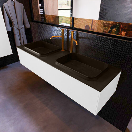 MONDIAZ ERIN 150cm mueble de baño color Talc 1 cajón. Lavabo RIDGE Doble 2 orificios color Urban.