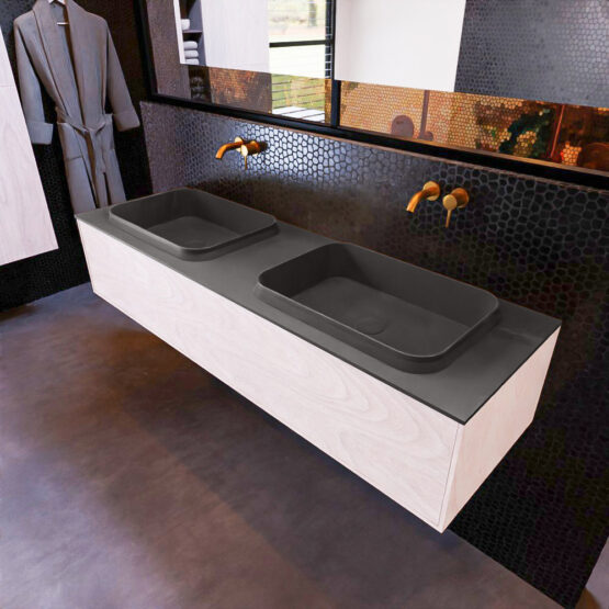 MONDIAZ ERIN 150cm mueble de baño color Underlayment 1 cajón. Lavabo RIDGE Doble sin orificio color Dark Grey.