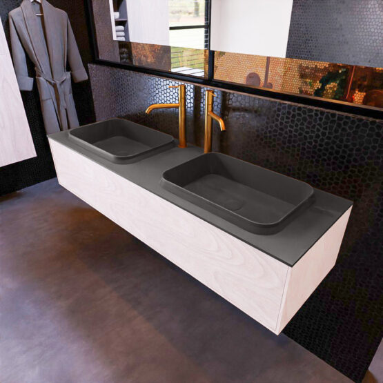 MONDIAZ ERIN 150cm mueble de baño color Underlayment 1 cajón. Lavabo RIDGE Doble 2 orificios color Dark Grey.