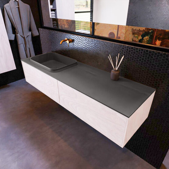 MONDIAZ ERIN 150cm mueble de baño color Underlayment 2 cajones. Lavabo RIDGE Izquierda sin orificio color Dark Grey.