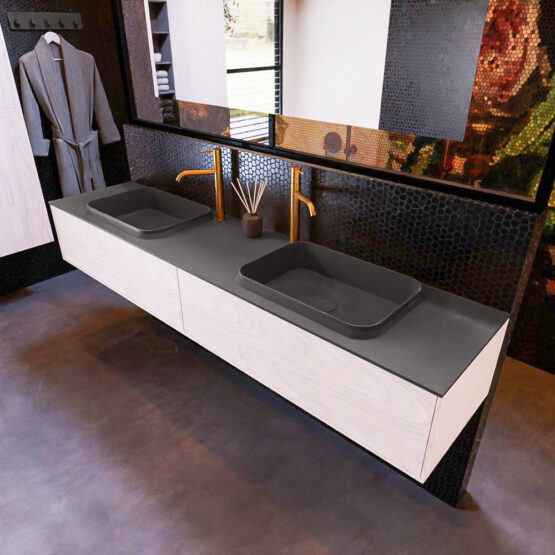 MONDIAZ ERIN 200cm mueble de baño color Underlayment 2 cajones. Lavabo RIDGE Doble 2 orificios color Dark Grey.