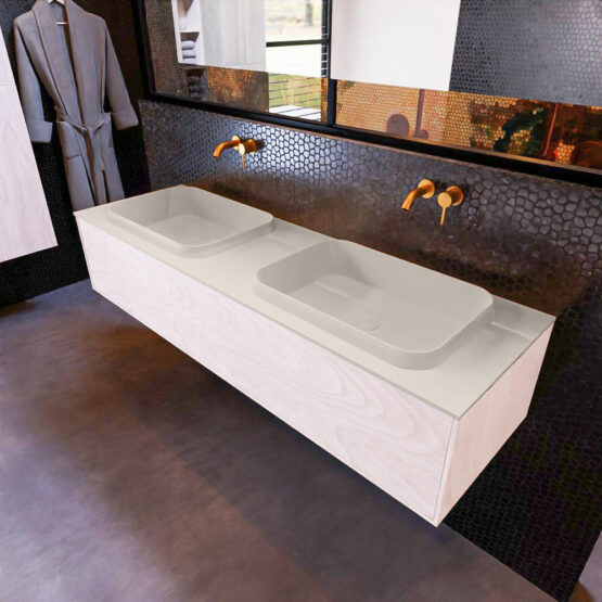 MONDIAZ ERIN 150cm mueble de baño color Underlayment 1 cajón. Lavabo RIDGE Doble sin orificio color Linen.