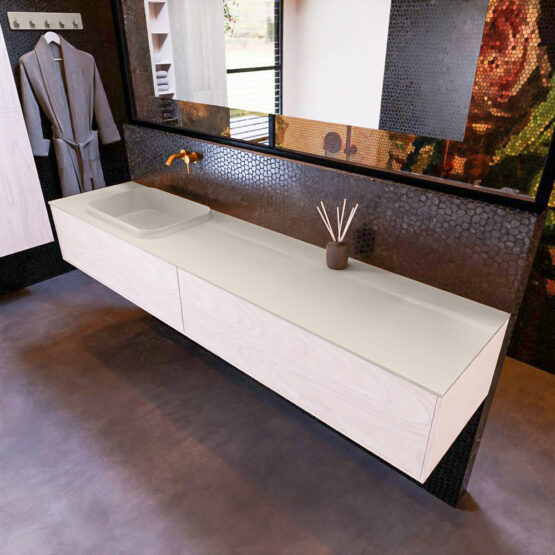 MONDIAZ ERIN 200cm mueble de baño color Underlayment 2 cajones. Lavabo RIDGE Izquierda sin orificio color Linen.
