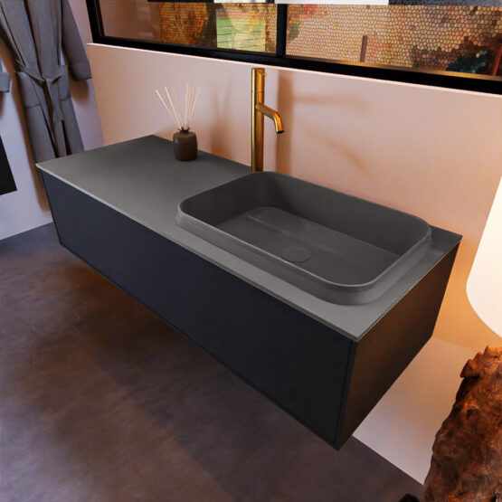 MONDIAZ ERIN 120cm mueble de baño color Urban 1 cajón. Lavabo RIDGE Derecho 1 orificio color Dark Grey.