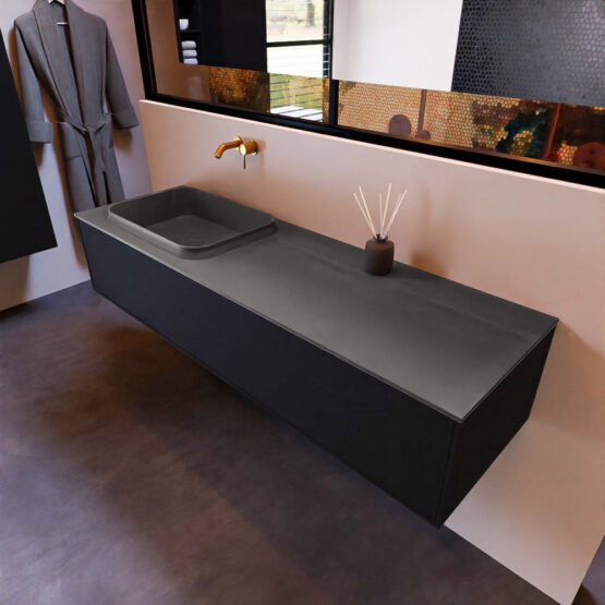 MONDIAZ ERIN 150cm mueble de baño color Urban 1 cajón. Lavabo RIDGE Izquierda sin orificio color Dark Grey.