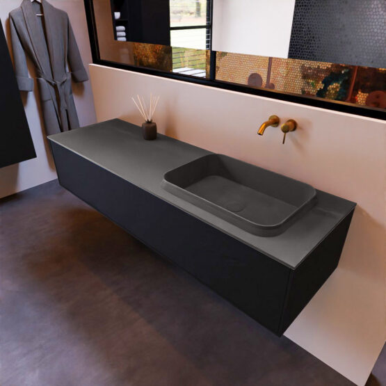 MONDIAZ ERIN 150cm mueble de baño color Urban 1 cajón. Lavabo RIDGE Derecho sin orificio color Dark Grey.