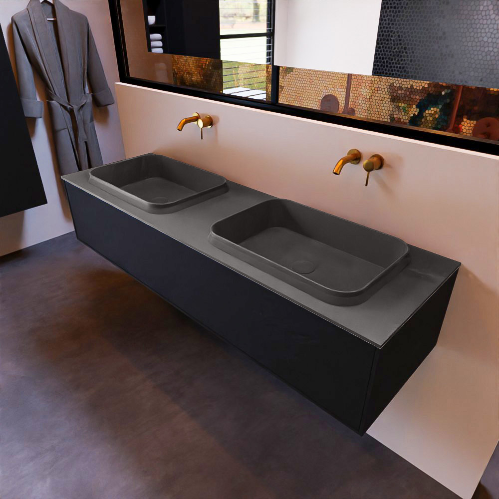 MONDIAZ ERIN 150cm mueble de baño color Urban 1 cajón. Lavabo RIDGE Doble sin orificio color Dark Grey. 1 MONDIAZ ERIN 150cm mueble de baño color Urban 1 cajón. Lavabo RIDGE Doble sin orificio color Dark Grey.