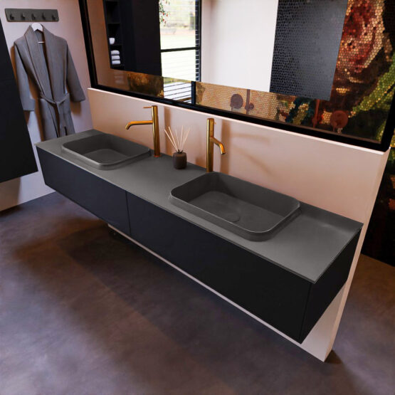 MONDIAZ ERIN 200cm mueble de baño color Urban 2 cajones. Lavabo RIDGE Doble 2 orificios color Dark Grey.