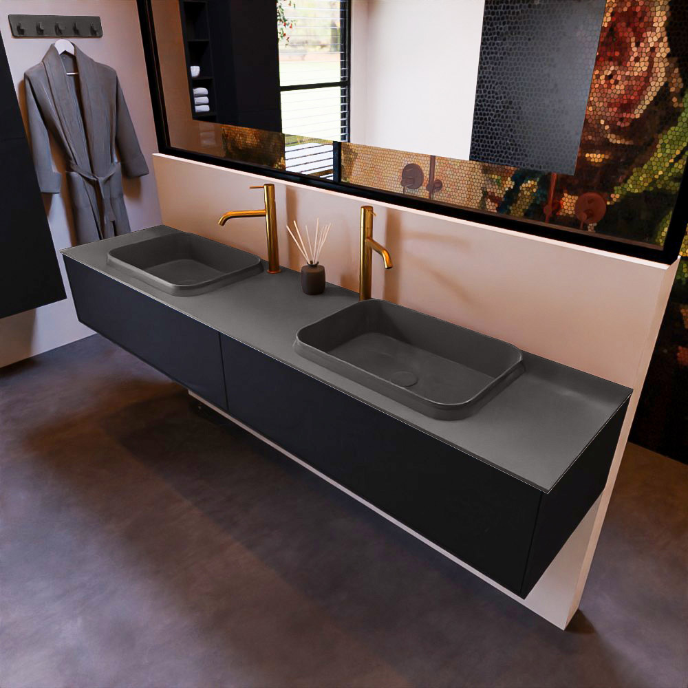 MONDIAZ ERIN 200cm mueble de baño color Urban 2 cajones. Lavabo RIDGE Doble 2 orificios color Dark Grey. 1 MONDIAZ ERIN 200cm mueble de baño color Urban 2 cajones. Lavabo RIDGE Doble 2 orificios color Dark Grey.