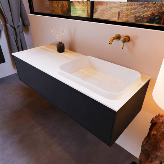 MONDIAZ ERIN 120cm mueble de baño color Urban 1 cajón. Lavabo RIDGE Derecho sin orificio color Talc.