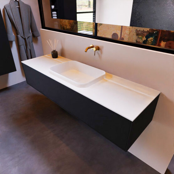 MONDIAZ ERIN 150cm mueble de baño color Urban 1 cajón. Lavabo RIDGE Centro sin orificio color Talc.