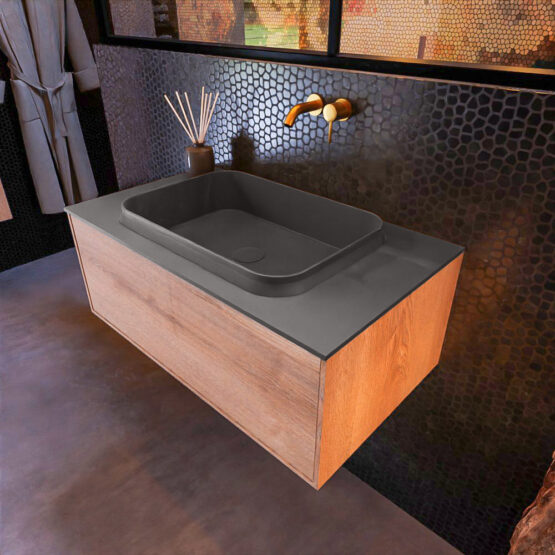 MONDIAZ ERIN 80cm mueble de baño color Washed Oak 1 cajón. Lavabo RIDGE Centro sin orificio color Dark Grey.
