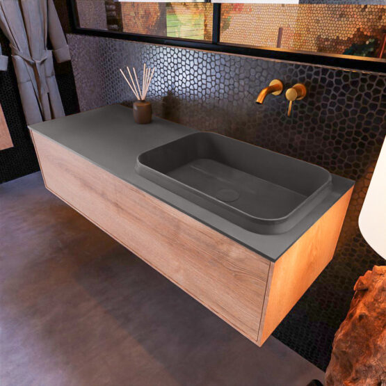 MONDIAZ ERIN 120cm mueble de baño color Washed Oak 1 cajón. Lavabo RIDGE Derecho sin orificio color Dark Grey.