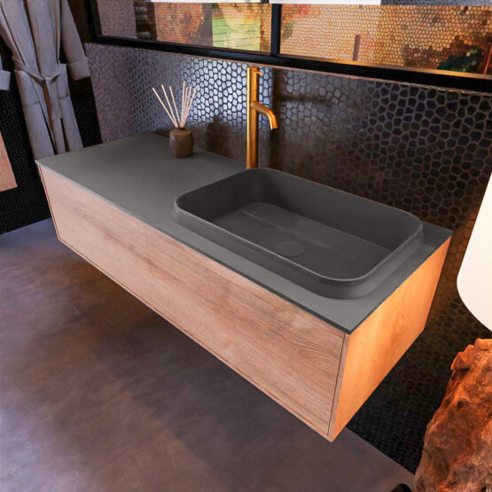 MONDIAZ ERIN 120cm mueble de baño color Washed Oak 1 cajón. Lavabo RIDGE Derecho 1 orificio color Dark Grey.