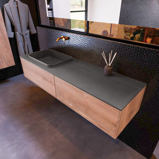 MONDIAZ ERIN 150cm mueble de baño color Washed Oak 2 cajones. Lavabo RIDGE Izquierda sin orificio color Dark Grey.