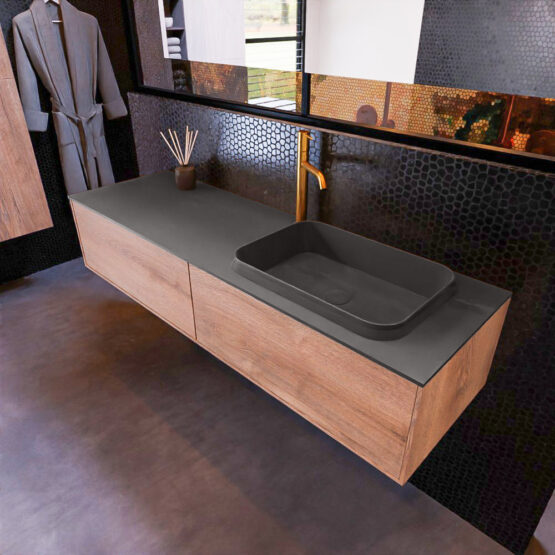 MONDIAZ ERIN 150cm mueble de baño color Washed Oak 2 cajones. Lavabo RIDGE Derecho 1 orificio color Dark Grey.