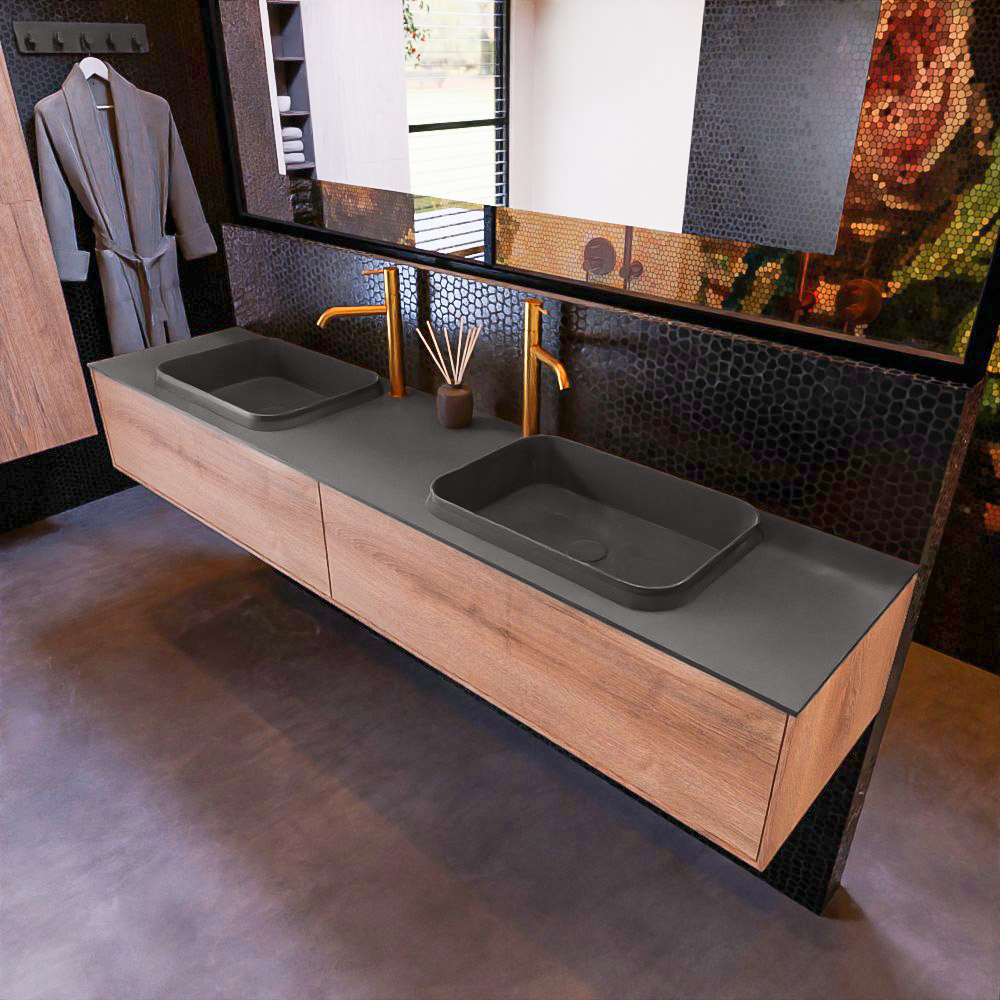 MONDIAZ ERIN 200cm mueble de baño color Washed Oak 2 cajones. Lavabo RIDGE Doble 2 orificios color Dark Grey. 1 MONDIAZ ERIN 200cm mueble de baño color Washed Oak 2 cajones. Lavabo RIDGE Doble 2 orificios color Dark Grey.