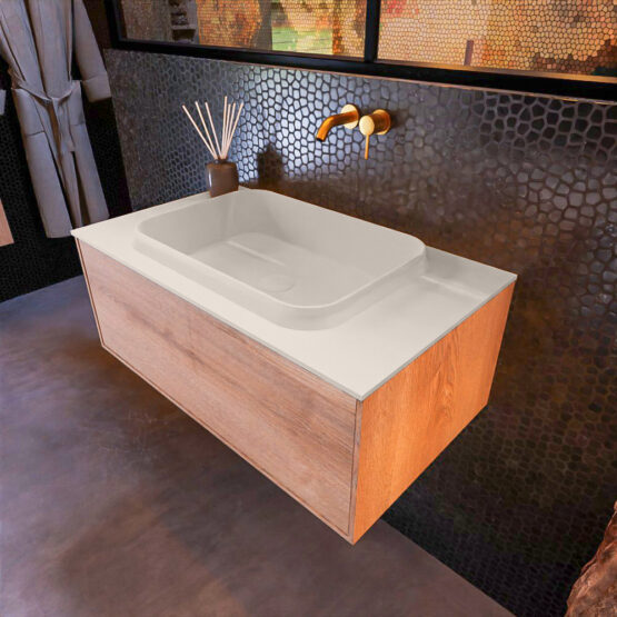 MONDIAZ ERIN 80cm mueble de baño color Washed Oak 1 cajón. Lavabo RIDGE Centro sin orificio color Linen.