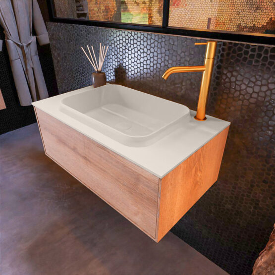 MONDIAZ ERIN 80cm mueble de baño color Washed Oak 1 cajón. Lavabo RIDGE Centro 1 orificio color Linen.