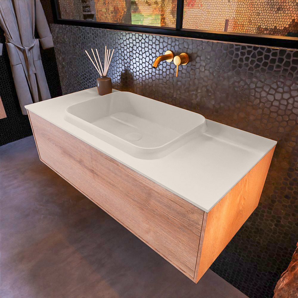 MONDIAZ ERIN 100cm mueble de baño color Washed Oak 1 cajón. Lavabo RIDGE Centro sin orificio color Linen. 1 MONDIAZ ERIN 100cm mueble de baño color Washed Oak 1 cajón. Lavabo RIDGE Centro sin orificio color Linen.