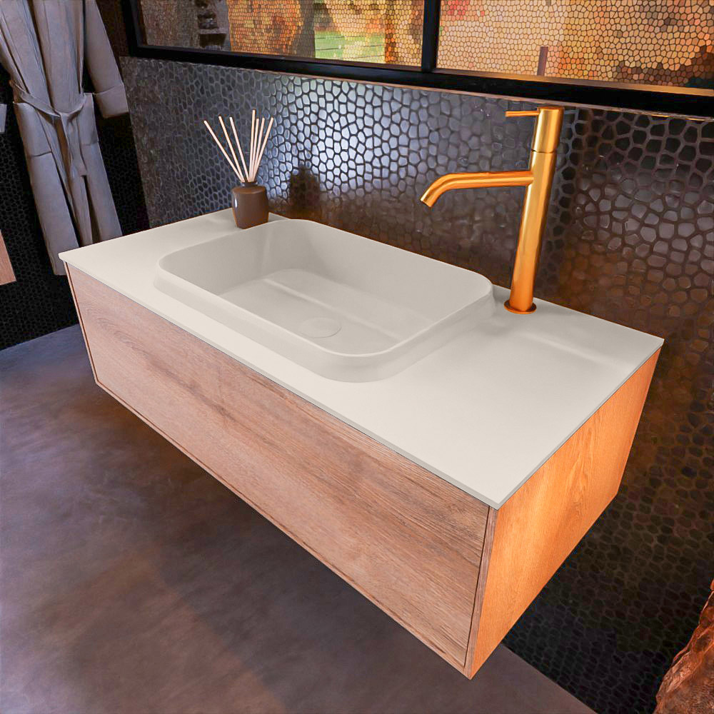 MONDIAZ ERIN 100cm mueble de baño color Washed Oak 1 cajón. Lavabo RIDGE Centro 1 orificio color Linen. 1 MONDIAZ ERIN 100cm mueble de baño color Washed Oak 1 cajón. Lavabo RIDGE Centro 1 orificio color Linen.