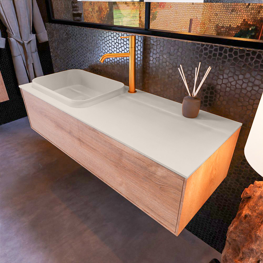 MONDIAZ ERIN 120cm mueble de baño color Washed Oak 1 cajón. Lavabo RIDGE Izquierda 1 orificio color Linen. 1 MONDIAZ ERIN 120cm mueble de baño color Washed Oak 1 cajón. Lavabo RIDGE Izquierda 1 orificio color Linen.