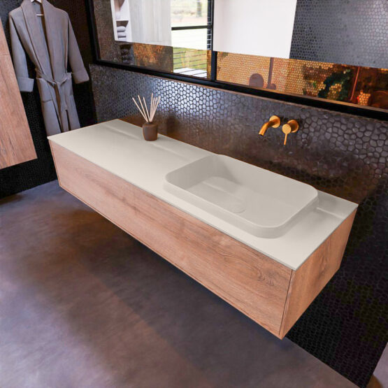 MONDIAZ ERIN 150cm mueble de baño color Washed Oak 1 cajón. Lavabo RIDGE Derecho sin orificio color Linen.